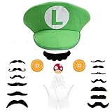 Jolbndcv Super Bros Luigi Green Hat with Gloves Buttons and Beard For Cosplay Costume