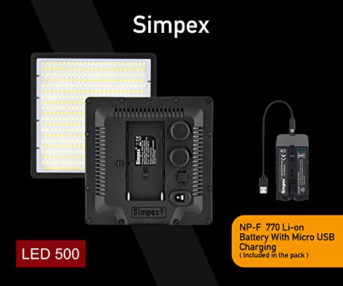 Image of Simpex Camera LED 500 Bi Pocket Size with li-on NP F 770 Battery with Micro USB Charging, Dimmable 3200k - 5600k, Compatible with Tripods, Monopods, Camera Stand, Table top tripods etc.