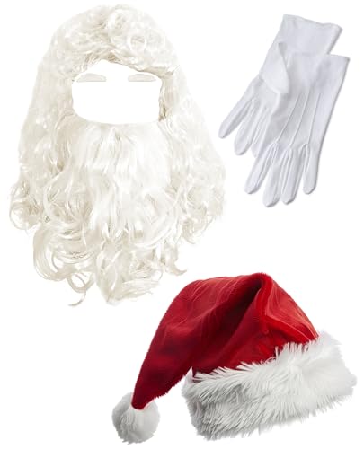 Perruque de Père Noël blanche avec barbe, sourcils, bonnet et gants pour adulte