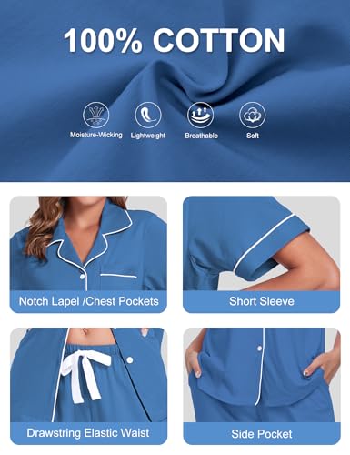 Image of COLORFULLEAF Women's 100% Cotton Pajamas Set Button Down Sleepwear Short Sleeve Shirt and Long Pants Soft Ladies Lounge Sets