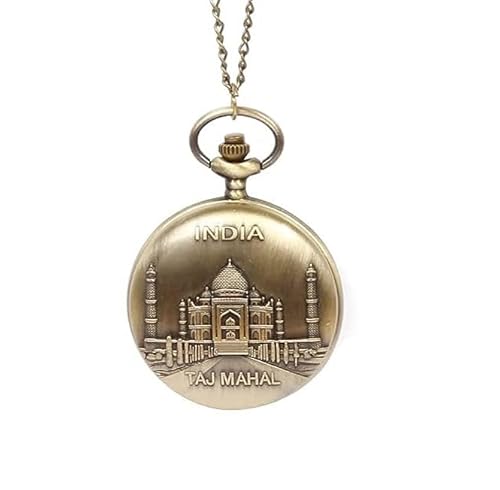 ARTVARKO-Analog-Unisex-Vintage-Style-Round-Dial-Quartz-Cover-Taj-Mahal-Engraved-Antique-Locket-Long-Chain-Roman-Numbers-White-Brown-Pocket-Watch-With-Wooden-Box