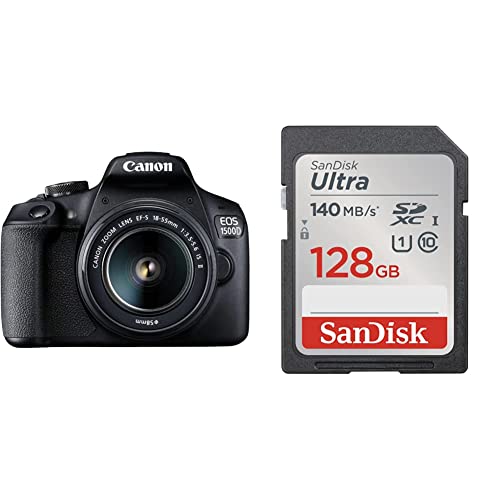 Canon EOS 1500D 24.1 Digital SLR Camera (Black) with EF S18-55 is II Lens & SanDisk Ultra UHS I 128GB SD Card 140MB/s for DSLR and Mirrorless Cameras, 10Y Warranty Canon EOS 1500D 24.1 Digital SLR Camera (Black) with EF S18-55 is II Lens & SanDisk Ultra UHS I 128GB SD Card 140MB/s for DSLR and Mirrorless Cameras, 10Y Warranty