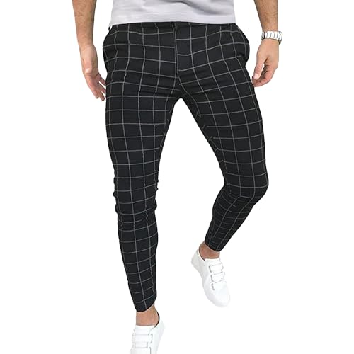 Pantalones de Cuadros Ajustados para Hombre, Pantalones de Vestir Casuales, Negocios Elegantes para Golf con Cuadros Negros elásticos, Talla 3XL