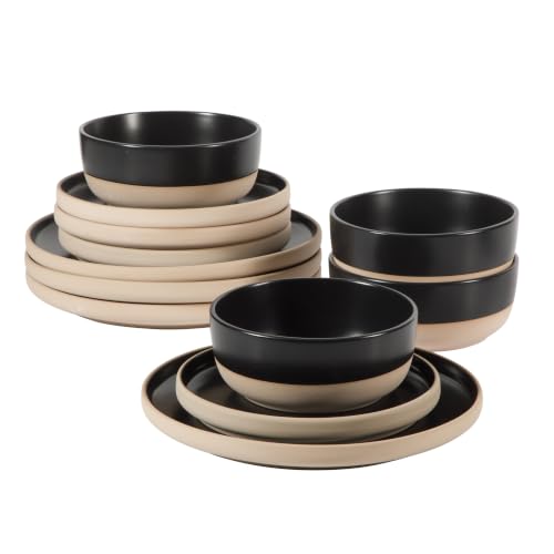 Image of Gibson Home Plates and Bowls Set, 12 Piece Dinnerware Set for 4, Black