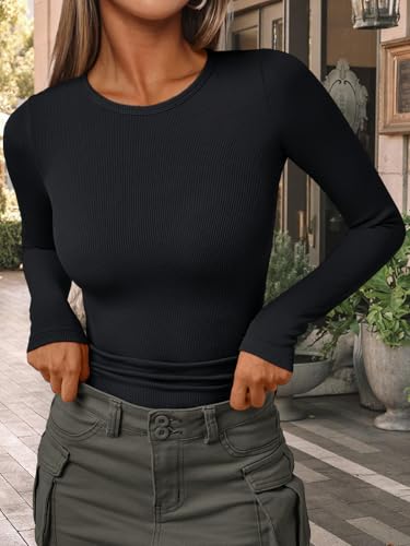 AUTOMET Women’s Long Sleeve Blouses Shirts with Ribbed Knit Work Office Basic Tops