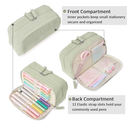 Image of Sooez Big Capacity Pencil Case Pen Pouch, Soft Corduroy Pencil Bag with 3 Compartment, Multiple Pockets, Sturdy Zipper, Cute School Supplies Pen Bag Organizer For Teen Girls College, Green