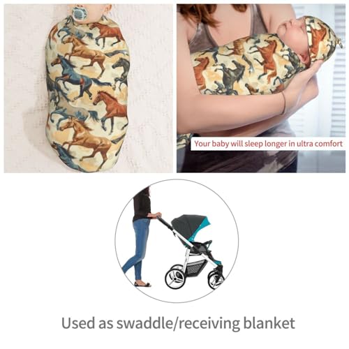 Image of Watercolor Running Horse Newborn Swaddle Blankets Hat Sets Soft Baby Receiving Blanket Swaddle Sack for Baby Shower Infant Boy Girl Gift