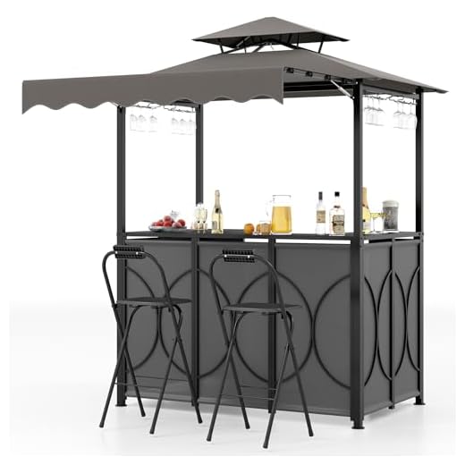 Tangkula 3 Piece Patio Bar Set, Grill Gazebo & 2 Foldable Bar Stools with Awning, Metal Storage Shelves, Glass Holders, Double-Tier Outdoor Shelter for Patio Poolside Garden Backyard (Gray)