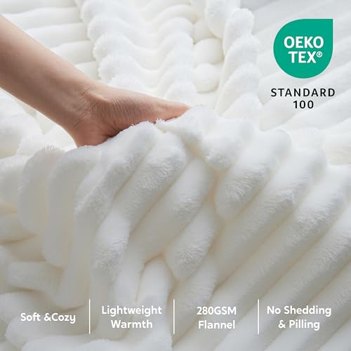 Joiedomi White Throw Blanket for Couch, Soft Fleece Blankets Birthday Gifts for Women Mom Girls, 3D Ribbed Jacquard and 280GSM Cozy Cute Soft Throw Home Room Decor Aesthetic Gifts 50x60 Inches