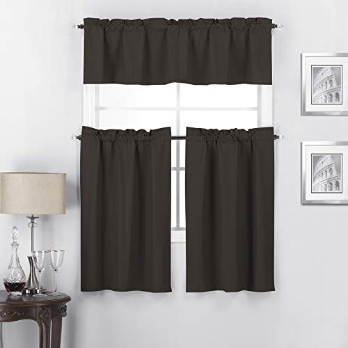Interior Trends Twilight - Juego de 3 cortinas de ventana y cenefa con aislamiento 100 % opaco, con bolsillo para barra de cocina (juego de 36 pulgadas, color chocolate)