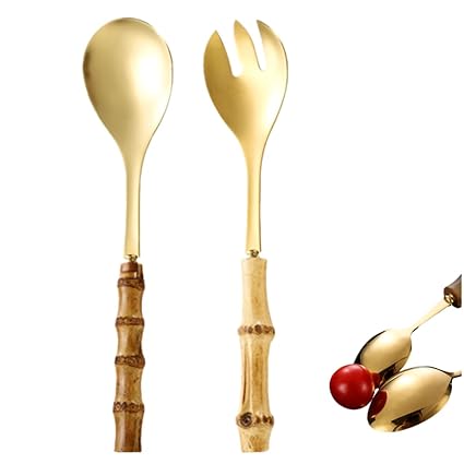 HamayuaZen Serving Utensils Set of 2, Stainless Steel Salad Servers and Salad Tongs, 10 Inch Salad Tosser, Serving Spoon and Fork Set with Bamboo Handle, Salad Tongs for Serving Flatware