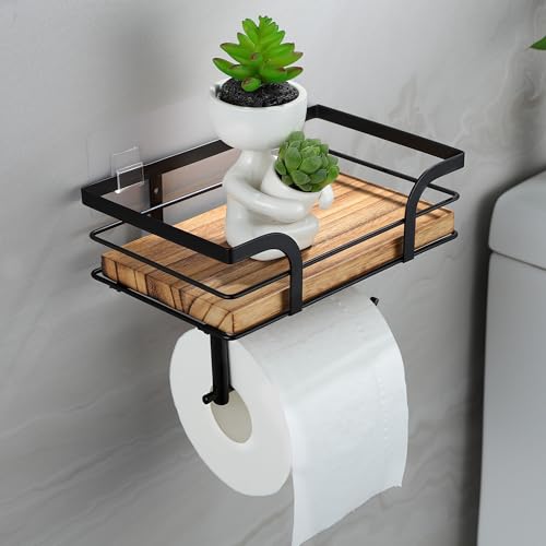 RUICER Toilettenpapierhalter Ohne Bohren mit 2 Montagemethoden Holz Klopapierhalter & Klopapier Aufbewahrung mit Feuchttücherbox Toilettenpapier Halterung Wandhalterung