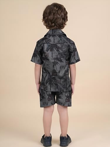 Image of POLKA TOTS Cotton Boys Summer T-shirts and Shorts Combo Set | Premium Printed Shirt & Shorts Combo | Relaxed Fit | Summer Toddler Outfit for Kids | Co-Ord Set For Boys | Tropical Print | Black 4-5 Y