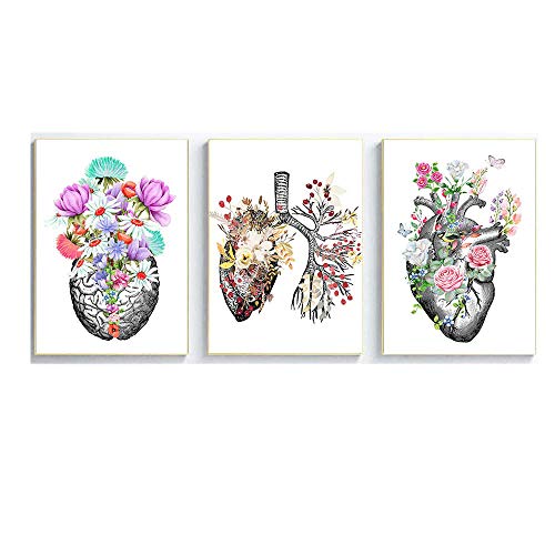 Organe Anatomique Vintage Fleurs Affiche Anatomie Humaine Peinture Cerveau Coeur Poumon Anatomie Murale Art Tableaux Salle MéDicale Decoration 40x60cmx3 Pas De Cadre Cover
