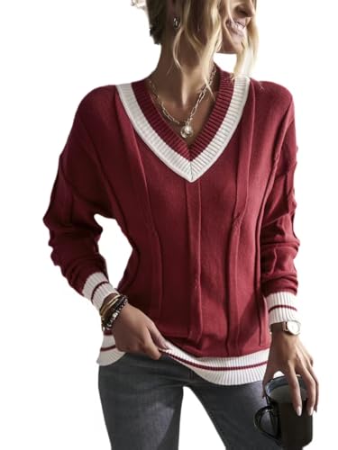 Women's V-Neck Knitted Sweater Classic Stripe Color Long Sleeve Casual Versatile Hoodie Ribbed School Team Style