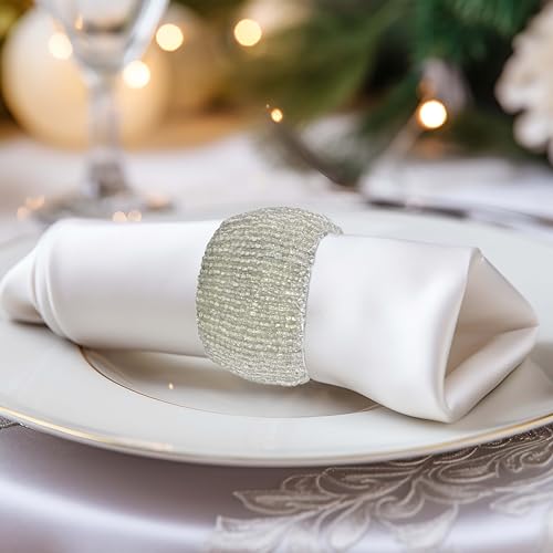 Image of COTTON CRAFT Glitz Handmade Beaded Dining Table Napkin Rings - Set of 12 - Halloween Harvest Autumn Fall Thanksgiving Holiday Christmas Xmas Celebration Festive Party Gift Decor - Silver