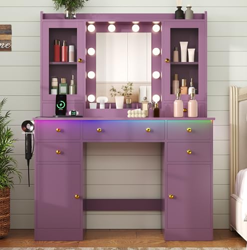 Image of HUANLEGO Purple Vanity Desk with Mirror and Lights for Girls Women | Makeup Vanity Mirror with Lights, LED RGB Lights Strip, Power Outlet, 7 Drawers, 2 Storage Cabinets, 3 Color Modes Adjustable