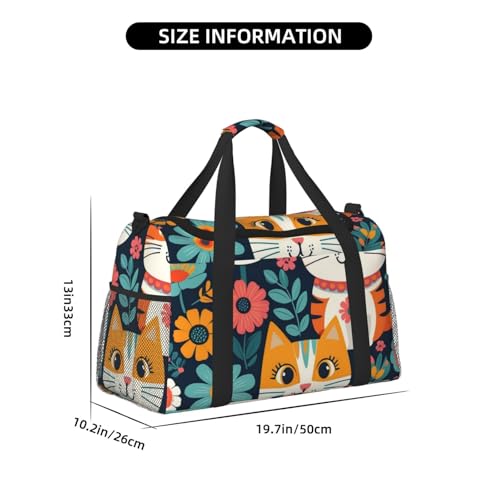 Funny Cats Birds and Flowers Print Travel Duffle Bag - Foldable Personal Item Travel Bag for Women & Men,13x10.2x19.74