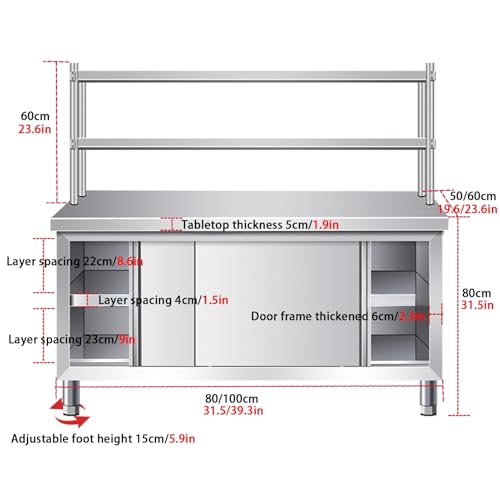 Mesa de preparación comercial de acero inoxidable con estantes dobles y gabinete de almacenamiento, isla de cocina resistente para restaurante, hotel, oficina en casa, estación de procesamiento de