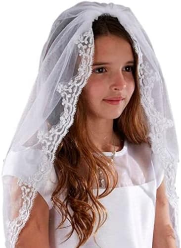 Sacred Traditions Girls Tulle Lace Edge Mantilla First Communion Veil, White, 36 Inch