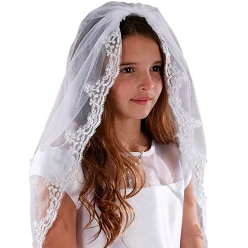 Sacred Traditions Girls Tulle Lace Edge Mantilla First Communion Veil, White, 36 Inch #TOP16