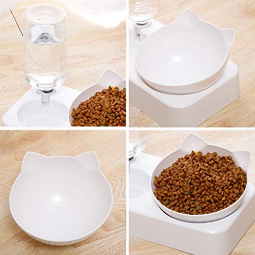Hawiton Double Cat Bowls with Water Dispenser - Pets Water and Food Bowl Set, 15°Tilted Slow Cat Feeder Bowl with Automatic Waterer Bottle Spill Proof Bowl for Small or Medium Size Dogs Cats - Thumbnail 5
