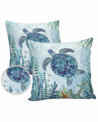 Nautical Coastal Turtle Outdoor Pillow Cover 24x24 Inch Cushion Sham Case,Waterproof Decorative Square Throw Pillowcase for Outside Garden Patio Porch Couch Chair Tent Starfish Coral Vintage Turquoise
