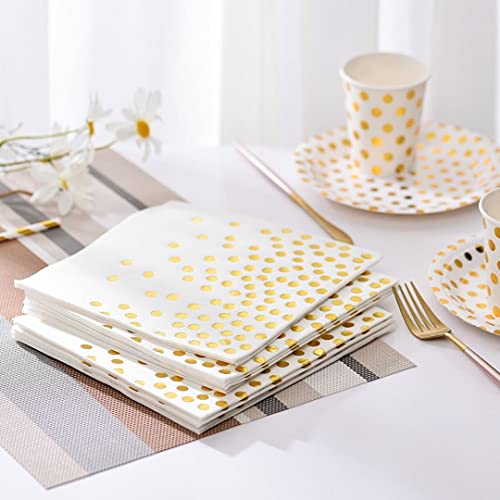 Alink 50 Luncheon Napkins, White With Sparkly Gold Dots, Disposable Paper Party Napkins For Birthday, Wedding, Baby/ Bridal Shower, Christmas, 2- Ply #TOP2