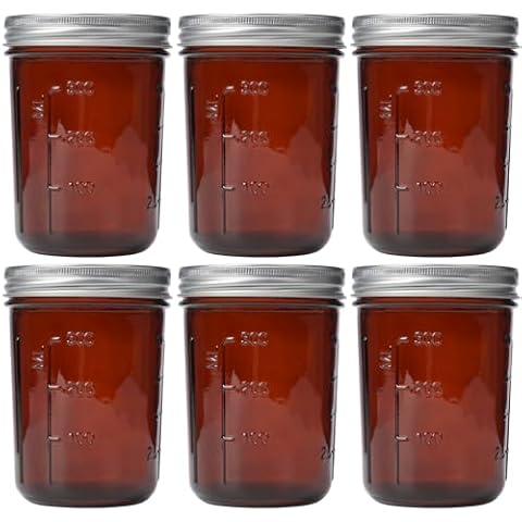 KORCCI Amber Glass Mason Jars 16oz - 6 Pcs Wide Mouth Mason Jars With Lids And Bands. Empty Candle Jar, Food Storage Containers, Canning Jar For Canning, Fermenting, Pickling, Jar Décor. Cover