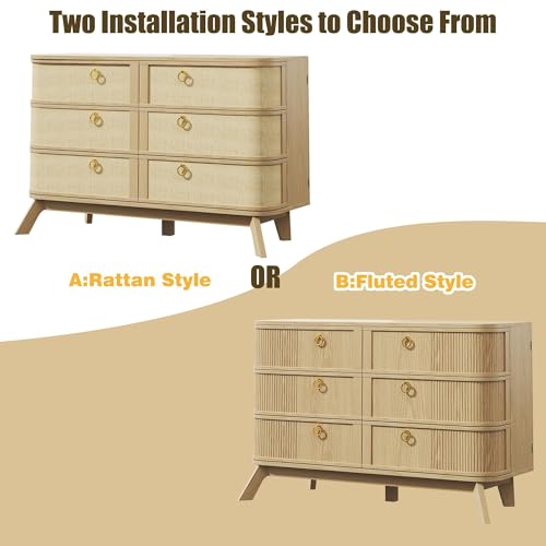 Image of Fluted 6 Drawer Dresser for Bedroom, 43'' Modern Chest of Drawers with Metal Handles&Wood Legs, Curved Profile Design, Rattan Dresser for Bedroom, Living Room, Entryway, Natural
