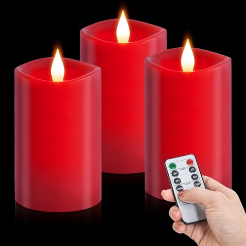 Image of 3PCS, 3 x 5 inches Flameless Candle with Remote Control, 3D Flickering Wick, Real Wax Pillar LED Candles, Battery Candles,with Timer,for Holiday Home Decor, Red