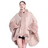 RomanticDesign Women Faux Fur Poncho Autumn Winter Knit Cape Shawl Batwing Sleeve Cloak Coat, Pink