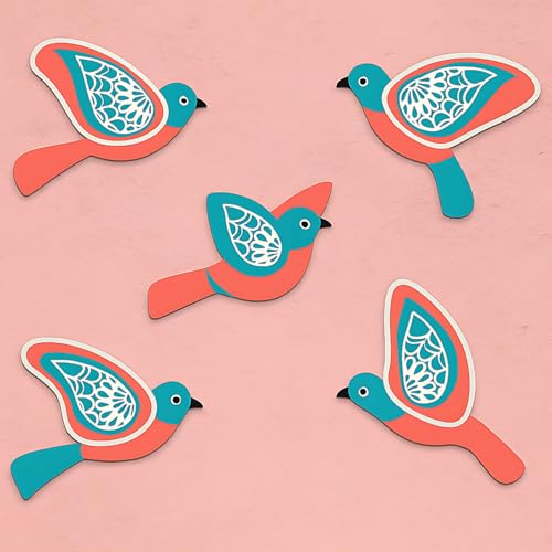 Image of GiftOday Wooden 3D 5 Pieces Birds for Wall Art Panel | Wood Bird Art Wall Hanging Art Decoration Item for Living Room, Bedroom, Drawing Room, Dining Room & Office (Aqua & Orange) Pack of 1