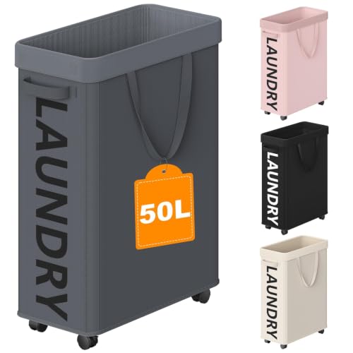 Image of Optish 50L Slim Rolling Laundry Basket with Wheels & Removable Bag, Grey