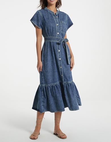 Kedera Summer Button Down Denim Shirt Dresses for Women Maxi Ruffle Short Sleeve Flowy Tiered Beach Sun Dress3