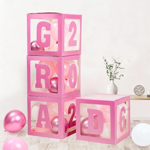 2026 Graduation Decorations - 4Pcs Pink Balloon Boxes with Letters 2026&Grad for Preschool Kindergarten Middle High School College Graduation Party Decorations Class of 2026