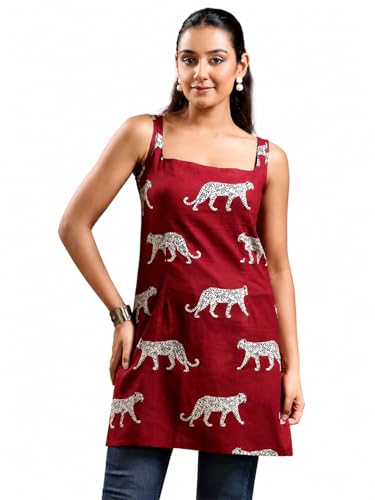 Image of Rimeline Women's Printed Cotton Sleeveless Square Neck Kurti Top | Straight Fit Ethnic Casual Tunic