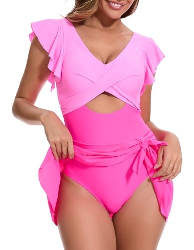 Women One Piece Swim Dress Tummy Control Swimsuits V Neck Ruffle Bathing Suit Cutout Wrap Side Tie Swimwear with Skirt3