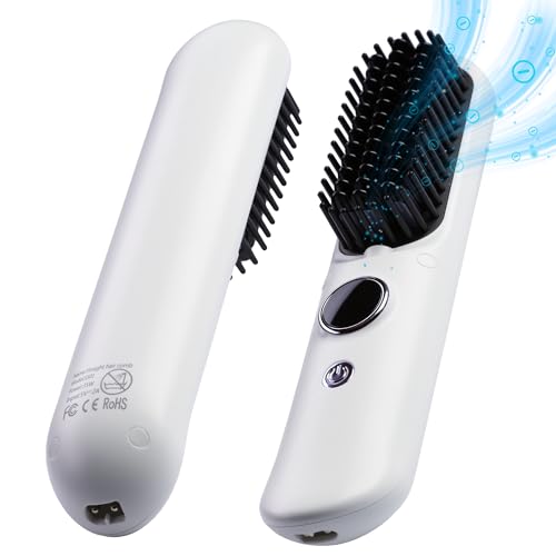 Cordless Hair Straightener Brush PRO, 5600mAh Portable Travel Hair Straightener with 9 Temperature Levels, Hair Styling and Straightening Brush for Women, Anti-Scald Negative Ion Hair Comb, White -  BELLITA, SS02