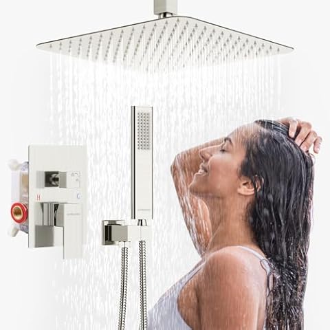 Rain Shower System Faucet Set, EMBATHER Brushed Nickel Shower Faucets Sets Complete with 12 Inch Rain Shower Head and Handheld (With Shower Valve) Cover