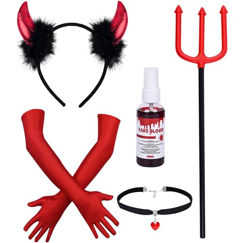 PAPU Teufel Kostüm Damen,5er Teufelshörner Handschuhe Dreizack,Kunstblut Spray Gothic Halskette Set,Teufel Accessoires Damen Mädchen Devil Costume...