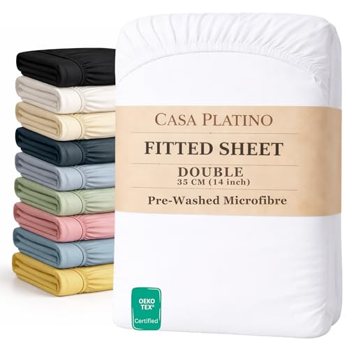 Fitted Sheet Double White - Pre-Washed Deep Pocket 14 inch (35 cm) - Easy Care - Soft Brushed Microfibre Fabric - Shrinkage and Fade Resistant - Bottom Sheet