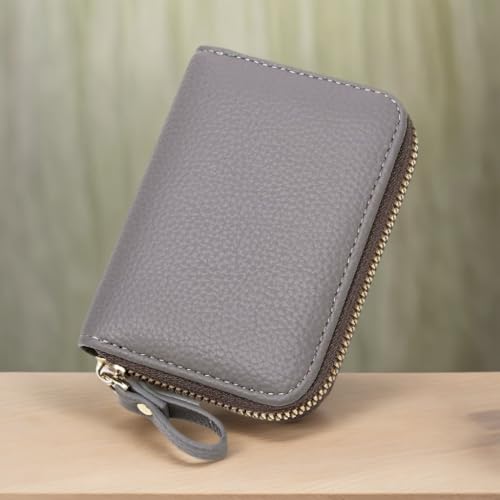 Small Wallet for Women Leather Zipper Card Case Wallet Compact Portable Leather Wallet Credit Card Holder(grey)