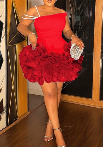 Image of Women's Mini Tutu Dress Sexy Bodycon Sleeveless Off Shoulder Solid Ruffles Lace Layered Hem Party Cocktail Dresses