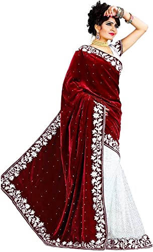 Image of Women's Velvet and Brasso Half-Half Saree with Blouse Piece