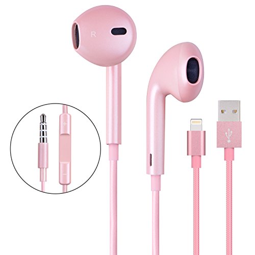 Eashion Premium Earphones/Headphones Earbuds with Stereo Mic&Remote Control for Apple iPhone 6s/6/6plus,iPhone SE/5s/5c/5, iPad /iPod and More with 3 FT Braided Lightning Cable(Rose Gold)