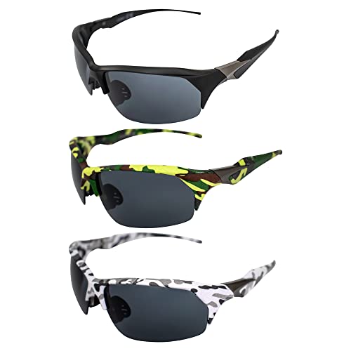AlterImage Pursuit Wraparound Sports & Motorcycle Retro Sunglasses for Men or Women 3 Pair Semi-Rimless Black & Green/White Camo Frames w/Rubber Nose Pads & Smoke Lenses