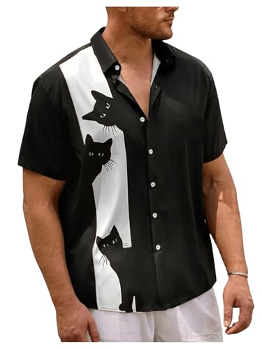 Men's Funny Cat Graphic Tees Shirt Color Block Short Sleeve Button Up Shirts