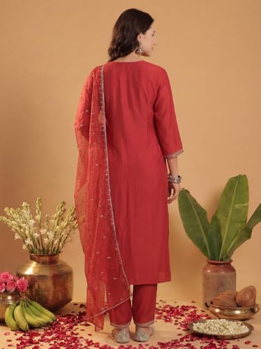 Image of INDO ERA Women's Liva Red Paisley Embroidered Sequinned Straight Kurta & Pant with Dupatta Set