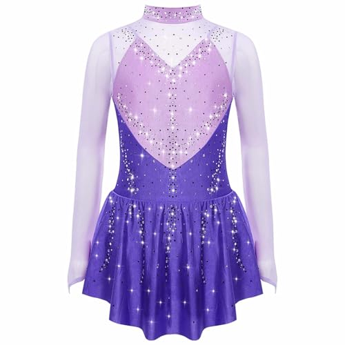 Robe patinage artistique enfant avec strass brillants et manches longues pour fille 5-16 ans